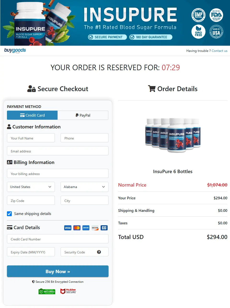 InsuPure checkout page